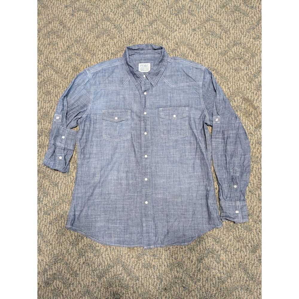 PD&C Mens Blue Chambray Western Button Down Shirt XL PW9ZAMDD Roll Tab Sleeve